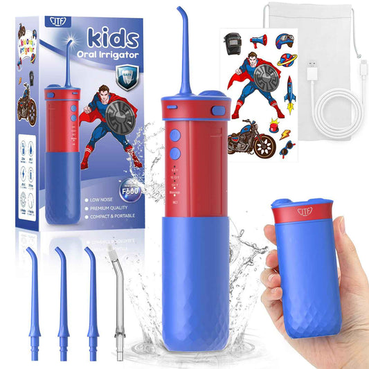 JTF Kids Water Dental Flosser: Rechargeable Portable Oral Irrigator with 4 Flossing Modes 230ml Tank 4 Tips Travel Bag Waterproof Stickers, Cordless Electric Flossers for Teeth Gum Braces Care, Age 6+