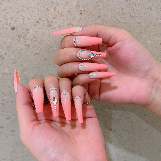 Long Press on Nails Coffin Pink Gradient Acrylic Nails Press ons with Rhinestones Design Artificial Nails Full Cover False Nails with Glue for Women and Girls 24Pcs