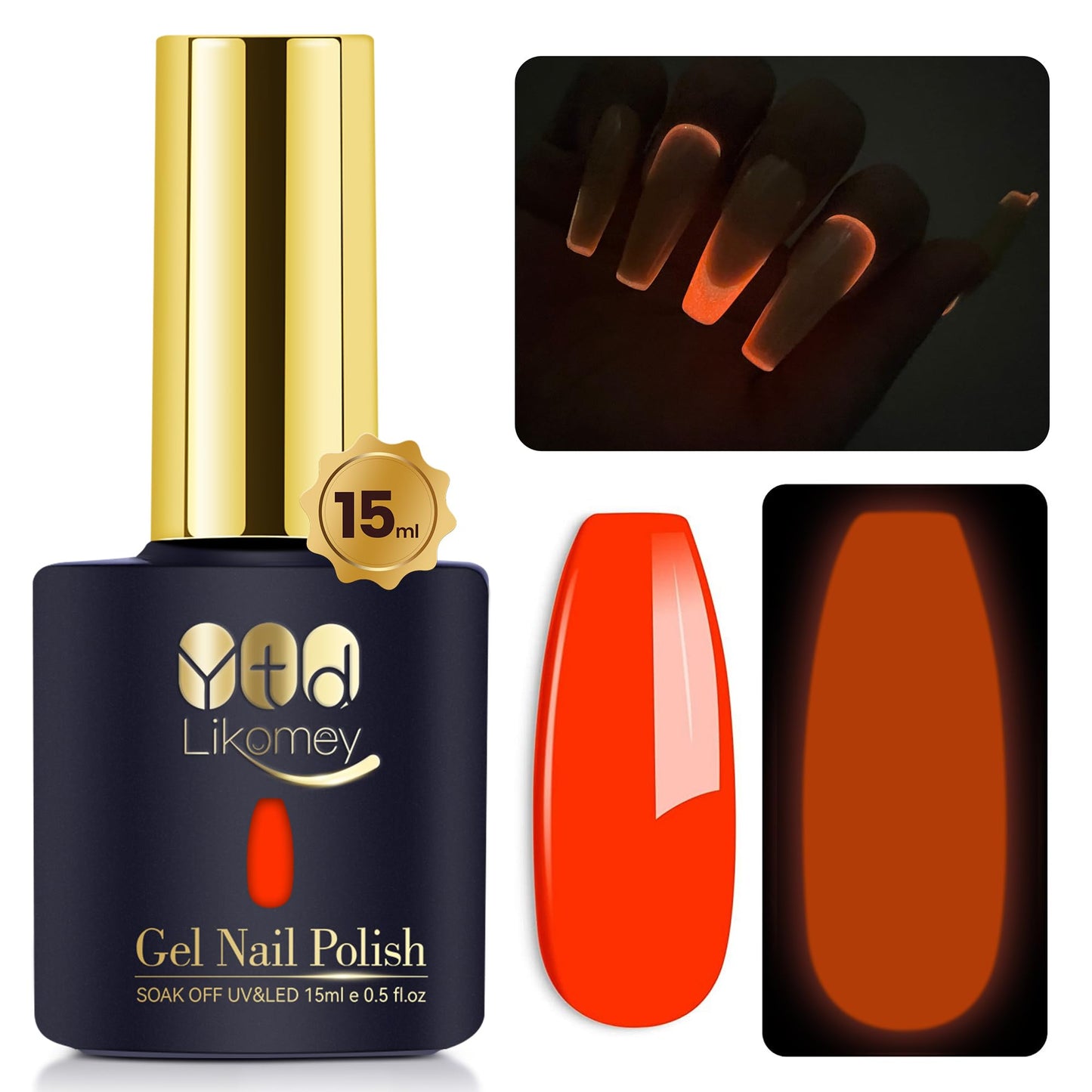 YTD Likomey Glow in the Dark Gel Nail Polish,15ml Bright Orange Luminous Glow Effect UV Nails Gel,Fluorescent Bright Manicure Salon Home DIY UV Manicure Nail Art Varnish,YG07