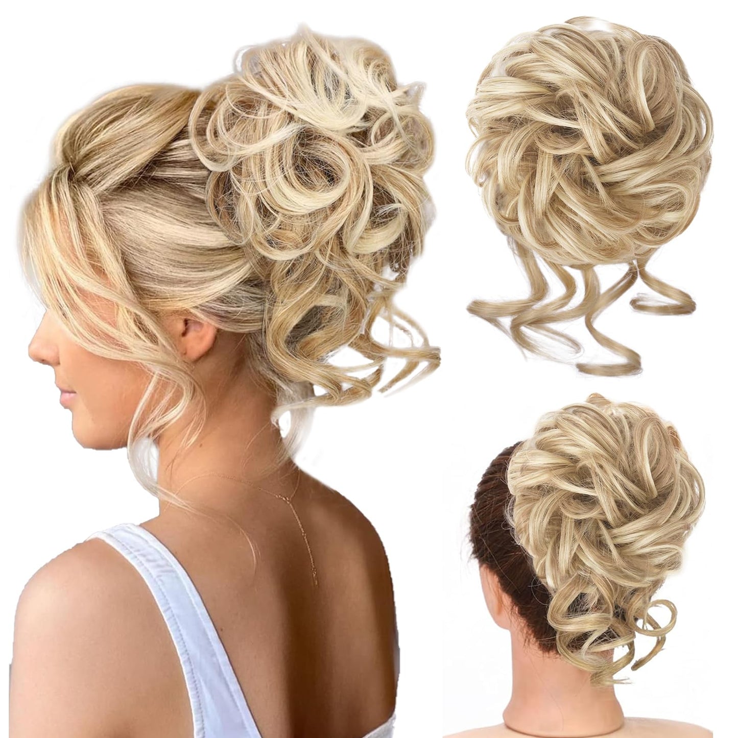 Earfodo Messy Bun Hair Piece, Messy Hair Bun Scrunchies for Women Tousled Updo Bun Synthetic Wavy Curly Chignon Ponytail Hairpiece for Daily Wear(27/613#:Strawberry Blonde & Bleach Blond Mixed)…