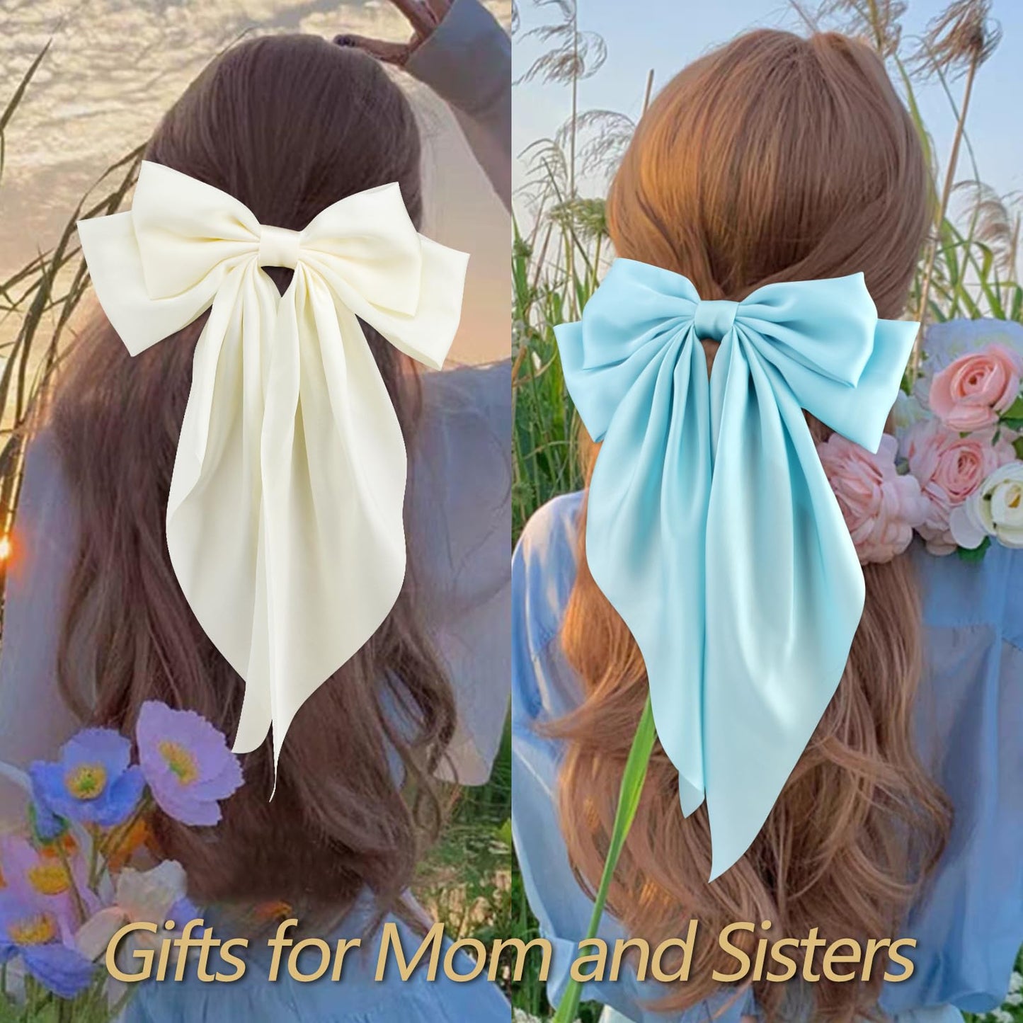 Velscrun Women's Hair Bows Set - 3Pcs Silky Satin Oversized Barrettes with Long Tail Ribbons in White, Black, and Bright Blue