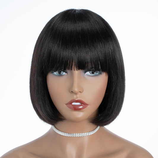 DÉBUT Short Bob Straight Wigs with Bangs Brazilian Human Virgin Hair Natural Black Non Lace Front Glueless Wig Brazilian Virgin Remy Hair 8 Inches