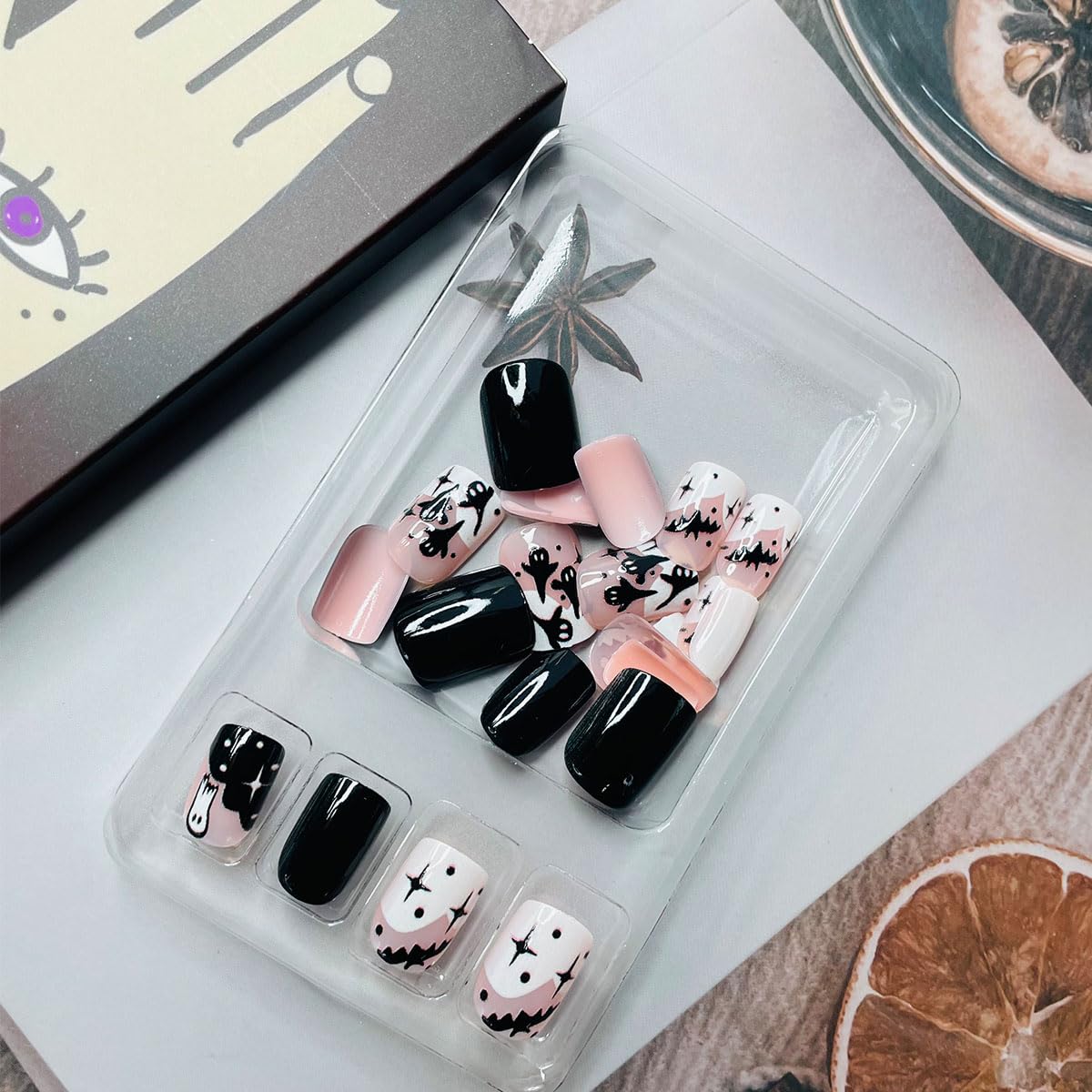 Halloween Press on Nails Short Square Halloween Fake Nails with Ghost Bats Design Black White French Tips False Nails Glossy Glue on Nails Cute Halloween Acrylic Stick on Nails for Women 24Pcs