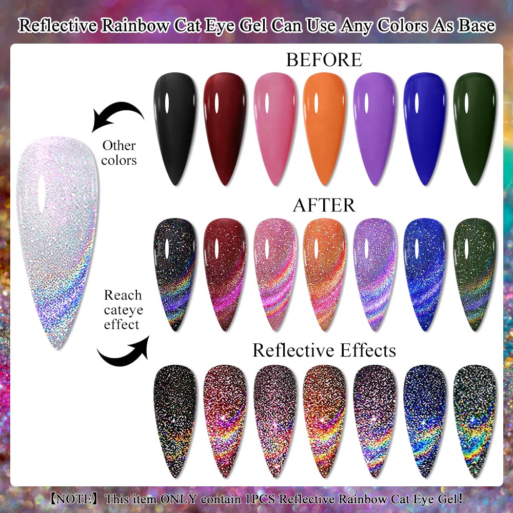 MIZHSE Universal Reflective Rainbow Cat Eye Gel 10ml Reflective Gel Nail Polish Holographic Laser 9D Cat Eye Gel Nail Polish With Magnetic Stick Soak Off LED UV Gel Nail Kit Home DIY Manicure