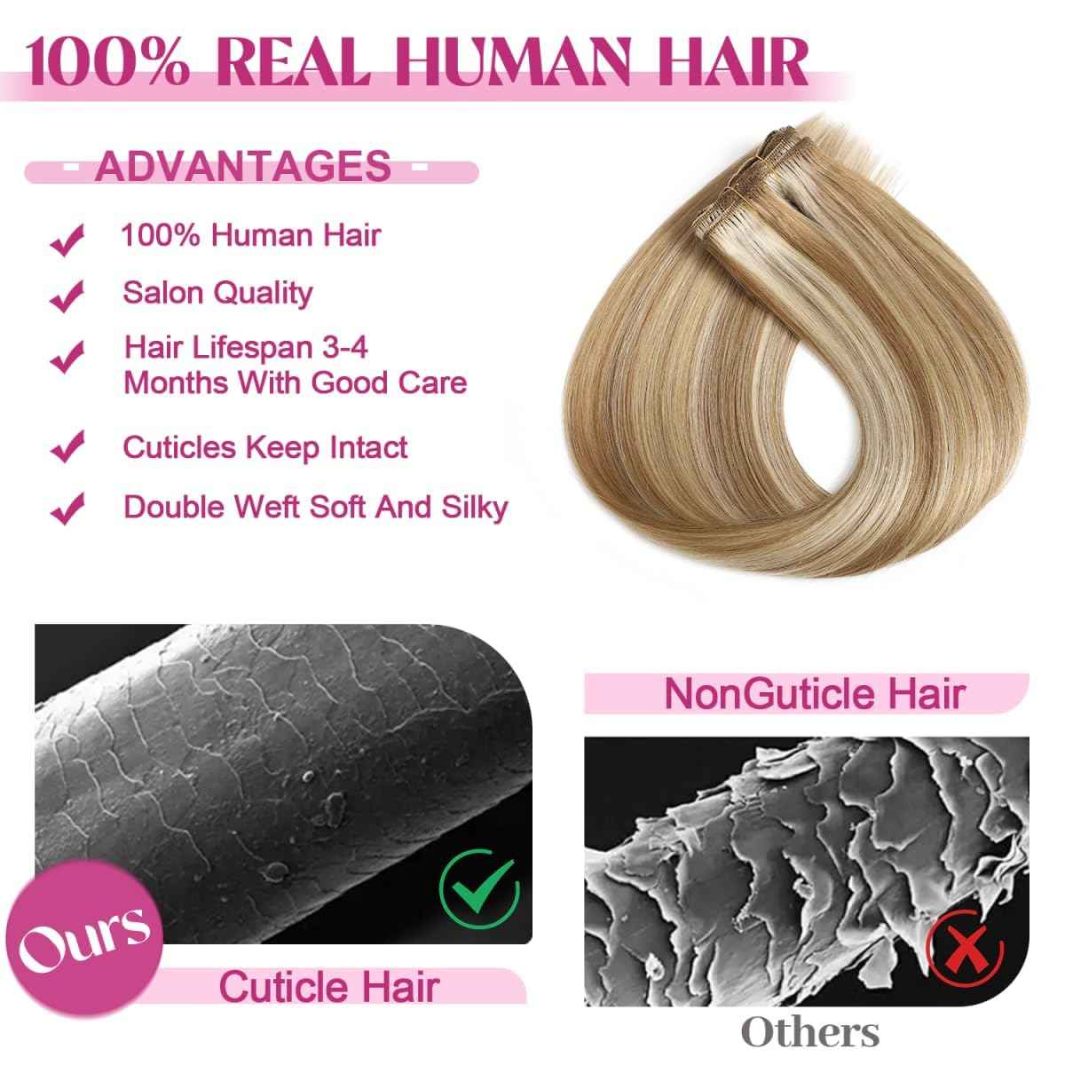 Tebelove Clip in Hair Extensions Real Human Hair 3.6oz/100g Clip ins 100% Human Hair Extension for Women 8pcs Per Set with 18 Clips Double Weft (16 Inch #16/22 Light Blonde to Golden Blonde)