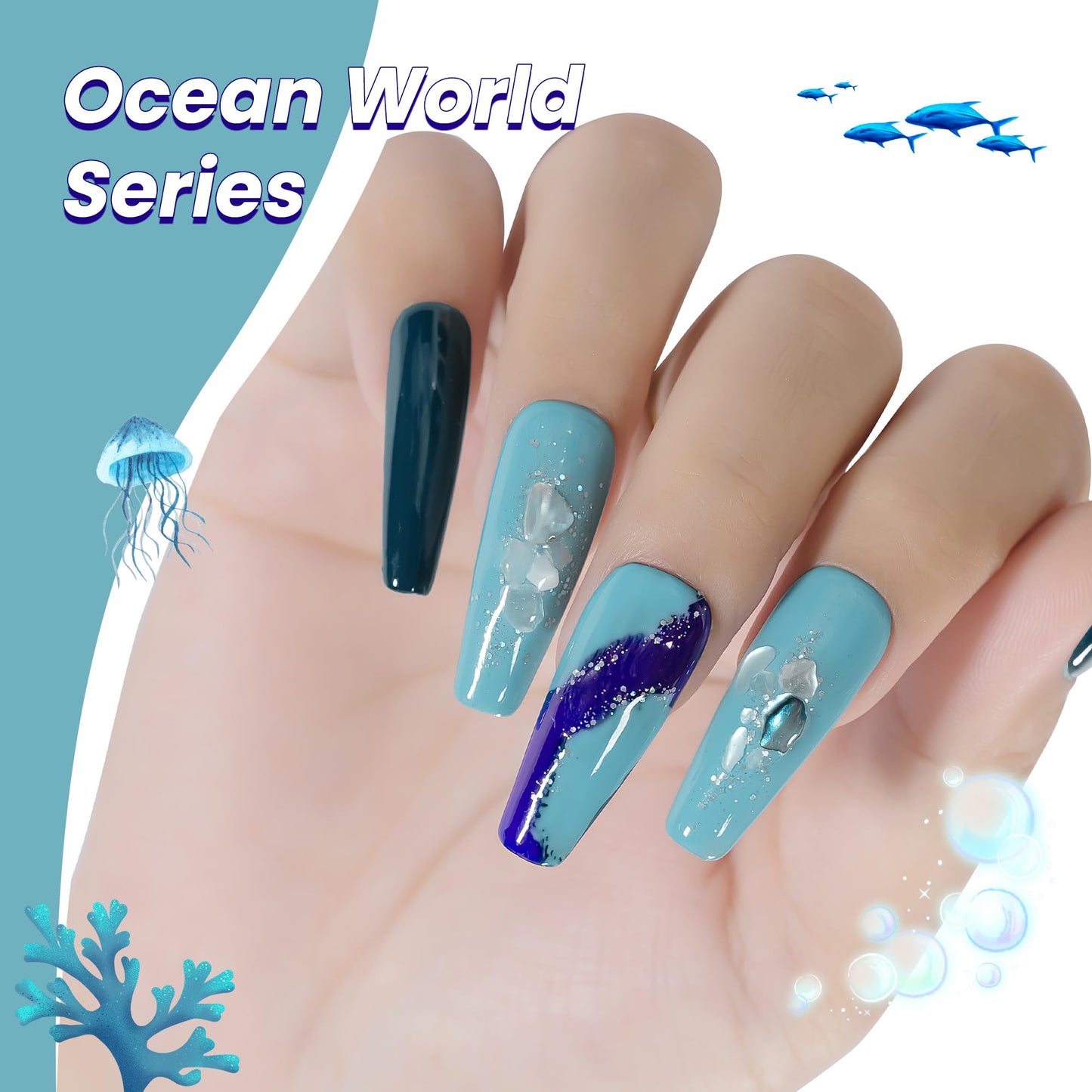 YTD Likomey Gel Nail Polish Set,Ocean World 8 Colors Light Blue Dark Navy Blue Seagrass Green Silver Glitter Color Combination UV Nail Gel Kit,7.5 ml 0.25 oz