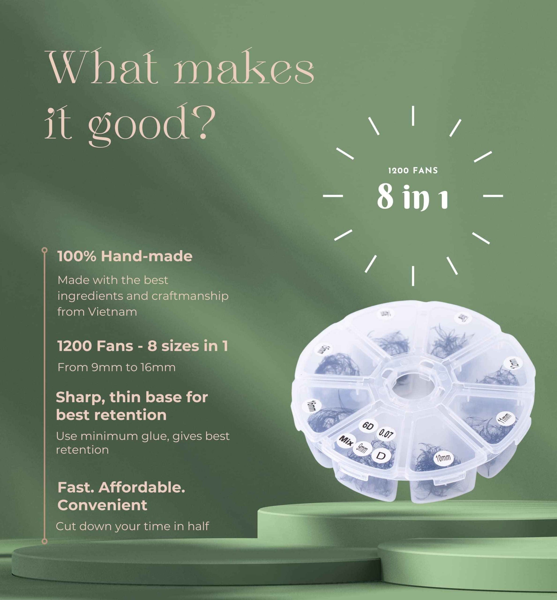 1200 Premade volume fans eyelash extension | 8 sizes-in-1 round mixed box | Includes lengths 9-16mm | C, CC, D, M, L curl| For professional lash artists | 6D Volume (CC Curl)