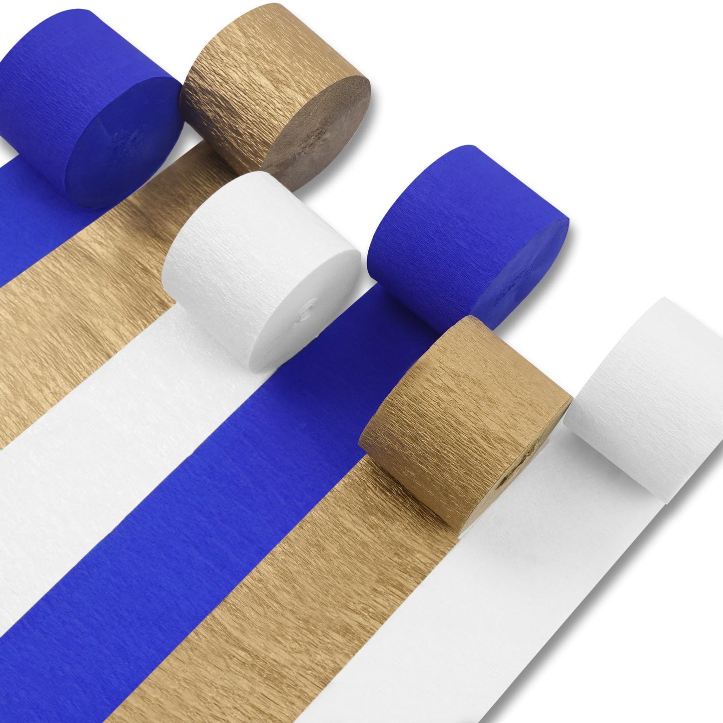 PartyWoo Crepe Paper Streamers 6 Rolls 492ft, Pack of Metallic Gold White and Blue Crepe Paper Streamers, Crepe Paper for Birthday Party Decorations, Passover Party Decorations (1.8 in x 82 Ft/Roll)