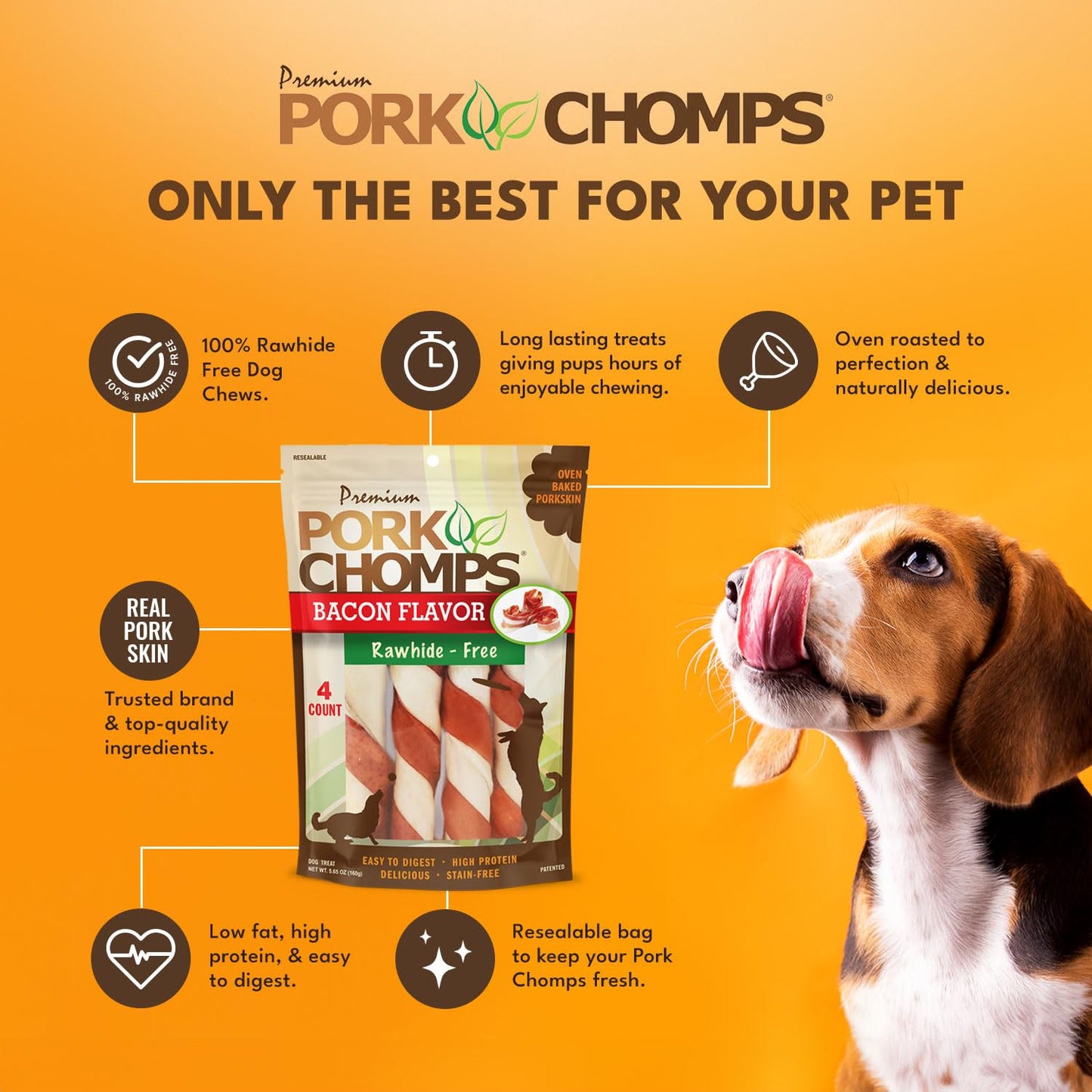 Pork Chomps Baked Pork Skin Dog Chews, 6-inch Twists, Bacon Flavor Wrap, 4 Count