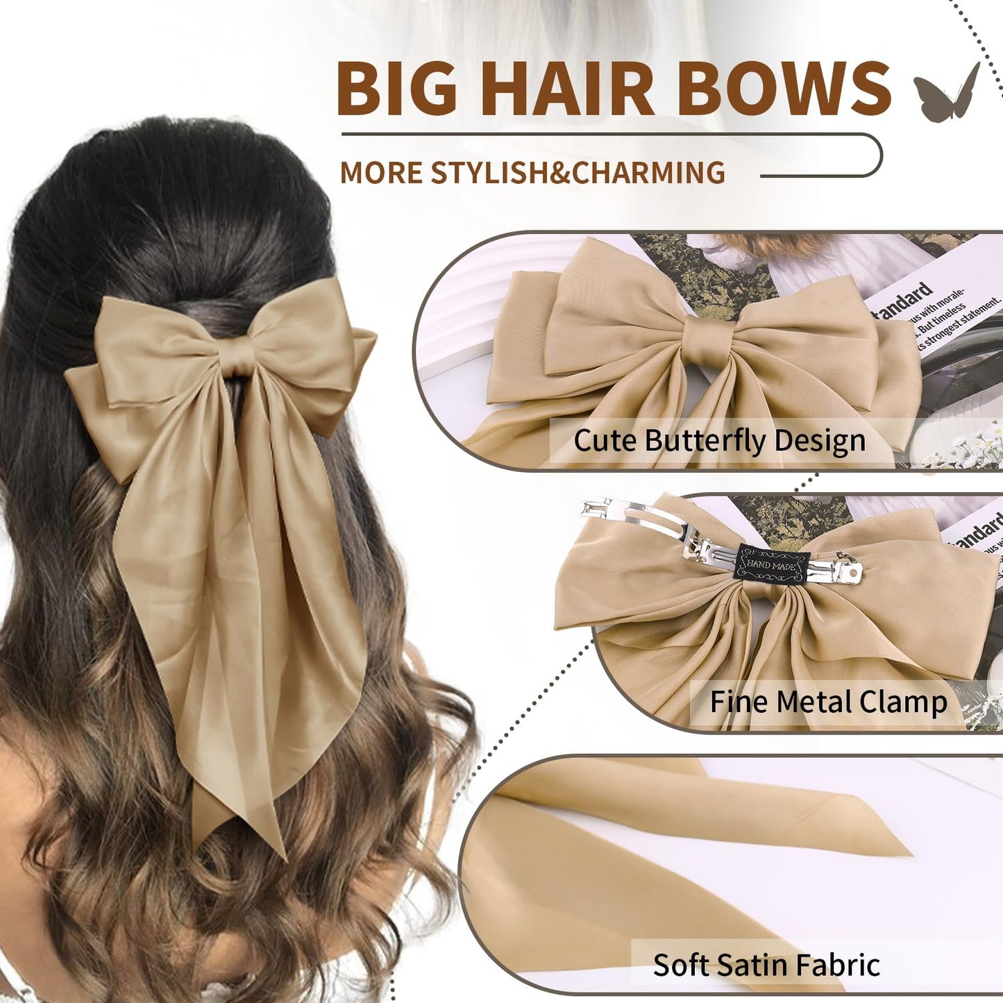 4 Pcs Silky Satin Big Hair Bows Ribbon Hair Barrettes Clip Large Bow Hair Slides Metal Clips French Barrette Long Tail Hair Accessories Soft Hairpin for Women (Black,White,Khaki,Brown)