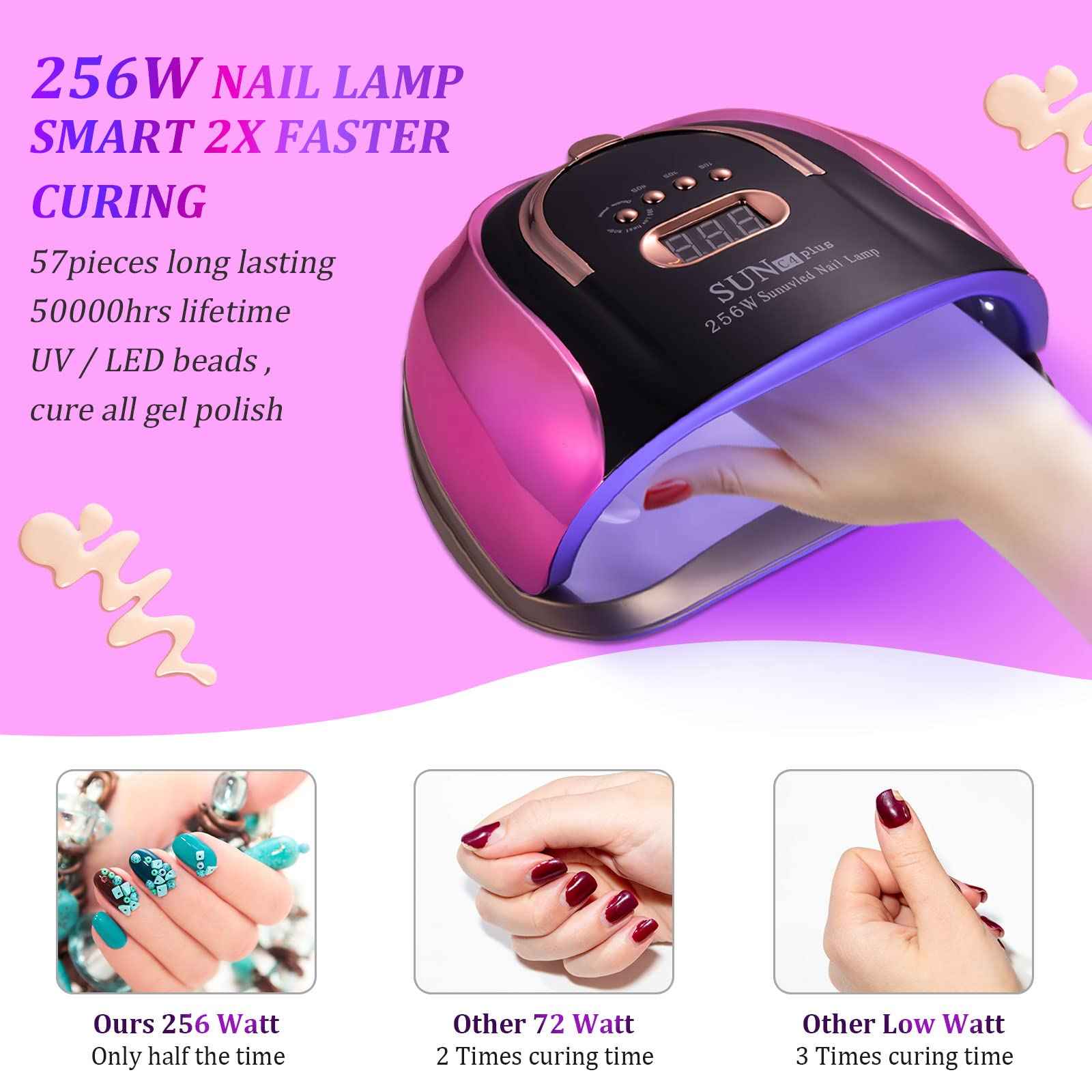MICJIASD UV LED Nail Lamp, 256 W UV LED Nail Dryer Light for Gel Nails Polish Manicure Professional Salon Curing Lamp with 4 Timer Setting Sensor/57pcs Dual Light Beads(Comes with 6 Free Gifts)