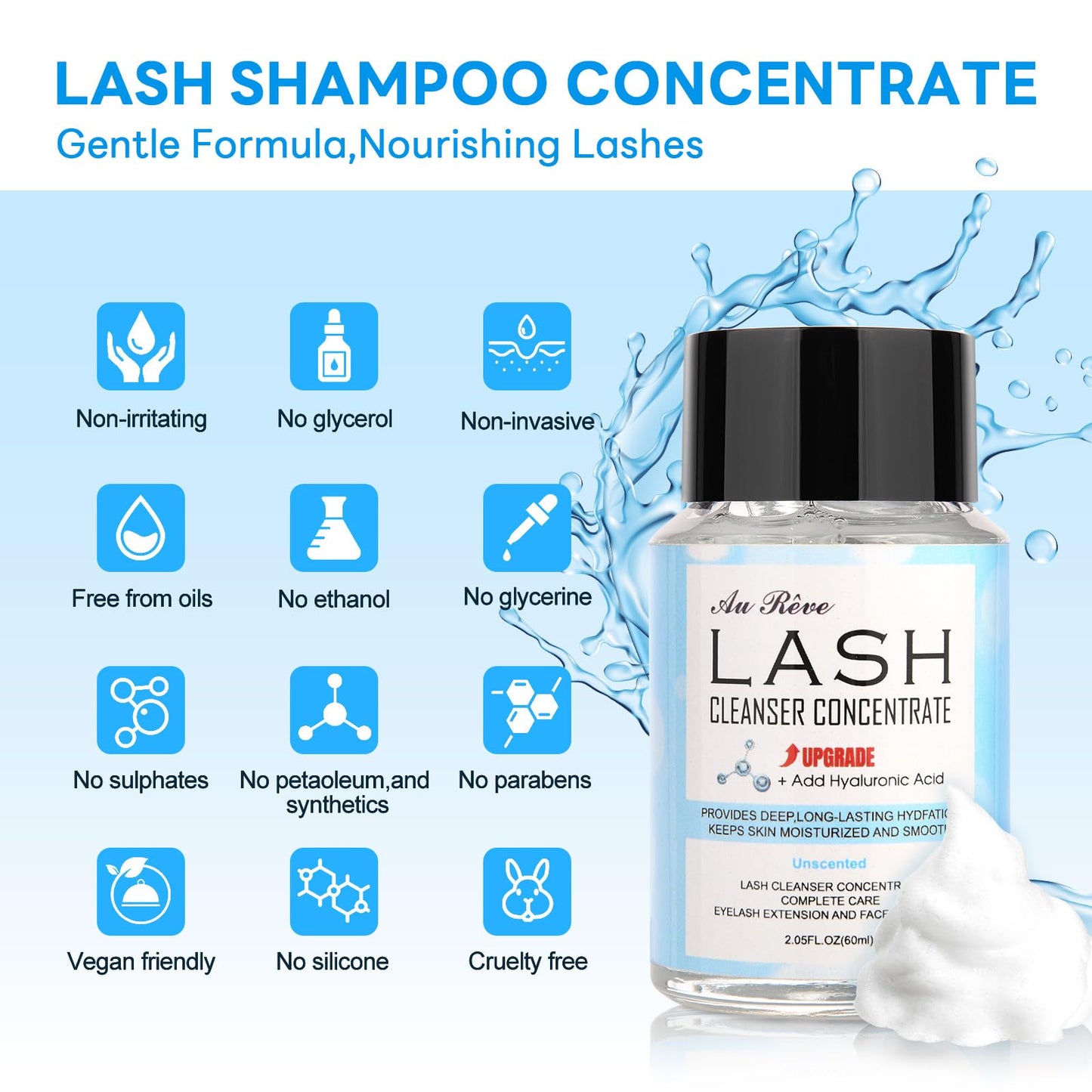 AuReve Lash Shampoo Concentrate 60ml Lash Cleanser Concentrate Add Hyaluronic Acid Oil-Free Lash Extension Shampoo Perfect for Salon，Unscented