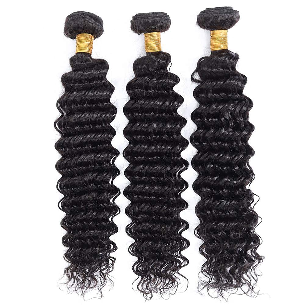 Deep Wave Bundles Human Hair 1B Deep Curly Bundles 12 14 16 Inch 3 Bundles Wet and Wavy Bundles Grade 8A Remy Natural Black Deep Wave Bundle