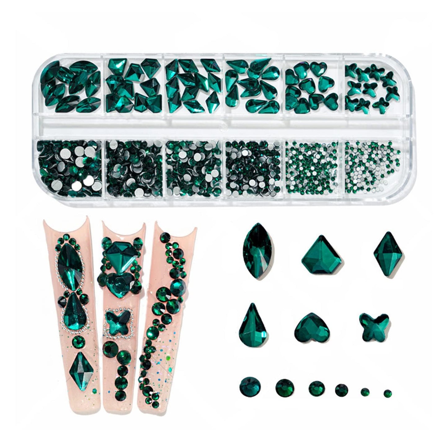 QEZEZA Nail Art Rhinestones Kit, Rhinestone Nail Face Gems, Nail Art Ab Flatback Rhinestones Gems Stones with Storage Organizer Box, (1.5mm - 10mm) 1000PCS 12 Sizes - Emerald Green