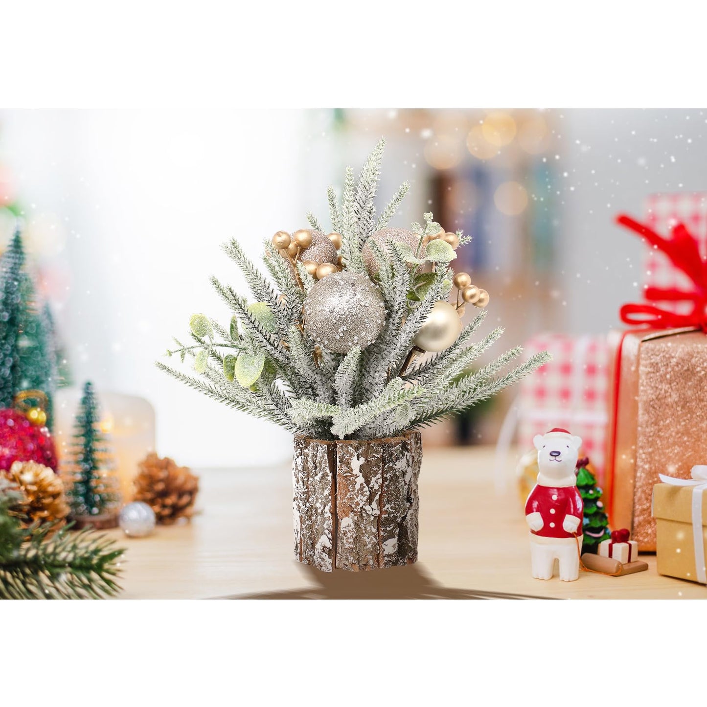 SY Super Bang Small Mini Christmas Tree, Artificial Table Top Little Xmas Decorations with Ball Ornaments, for Home Party Xmas Decor, Champagne