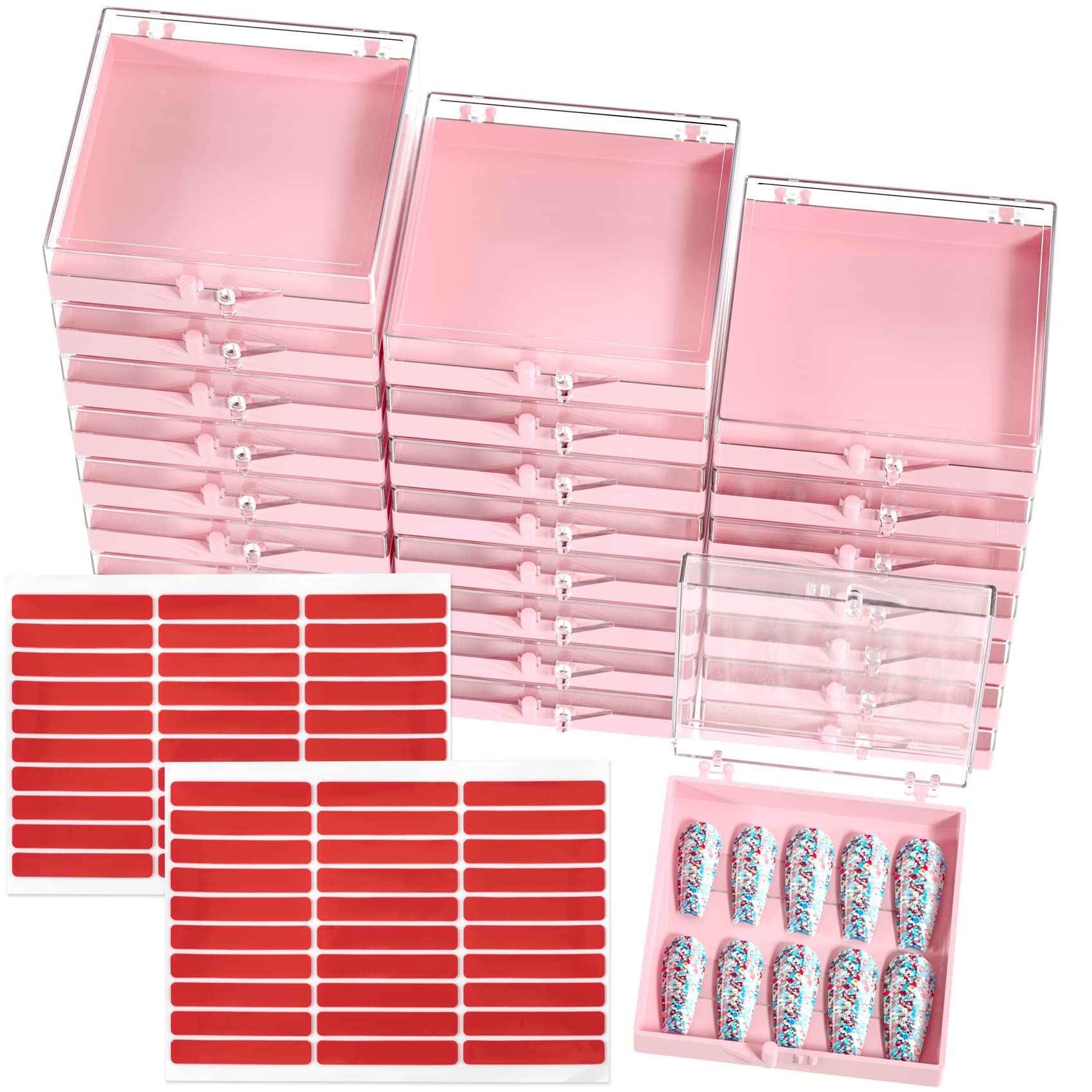 ANCIRS 25 Pack Acrylic Nail Storage Box for DIY Press-on Nails Holder & 60pcs Double Sided Adhesive Nail Display Tape, Artificial Nail Stand Packaging Organizer Case & Fake Nail Tip Tapes for Nail Art