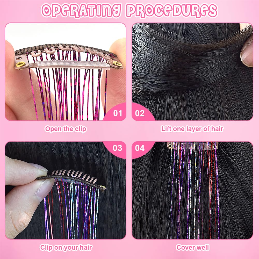 Gosuoa Pack of 8 Pcs Hair Tinsel Clip in, 19.6 Inch Heat Resistant Tinsel Hair Extensions Clip in, Sparkle Fairy Hair Tinsel Kit for Women Girls Hair Accessories(Rainbow)