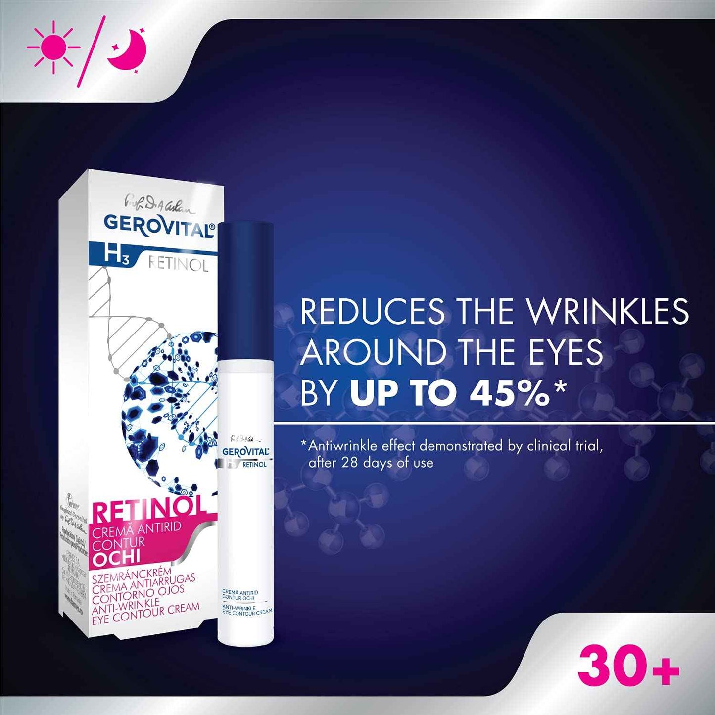GEROVITAL RETINOL Anti-Wrinkle Eye Contour Cream with Retinol, Sepilift, and Vitamins A and E, Prevents and Reduces Wrinkles, 15 mililiters