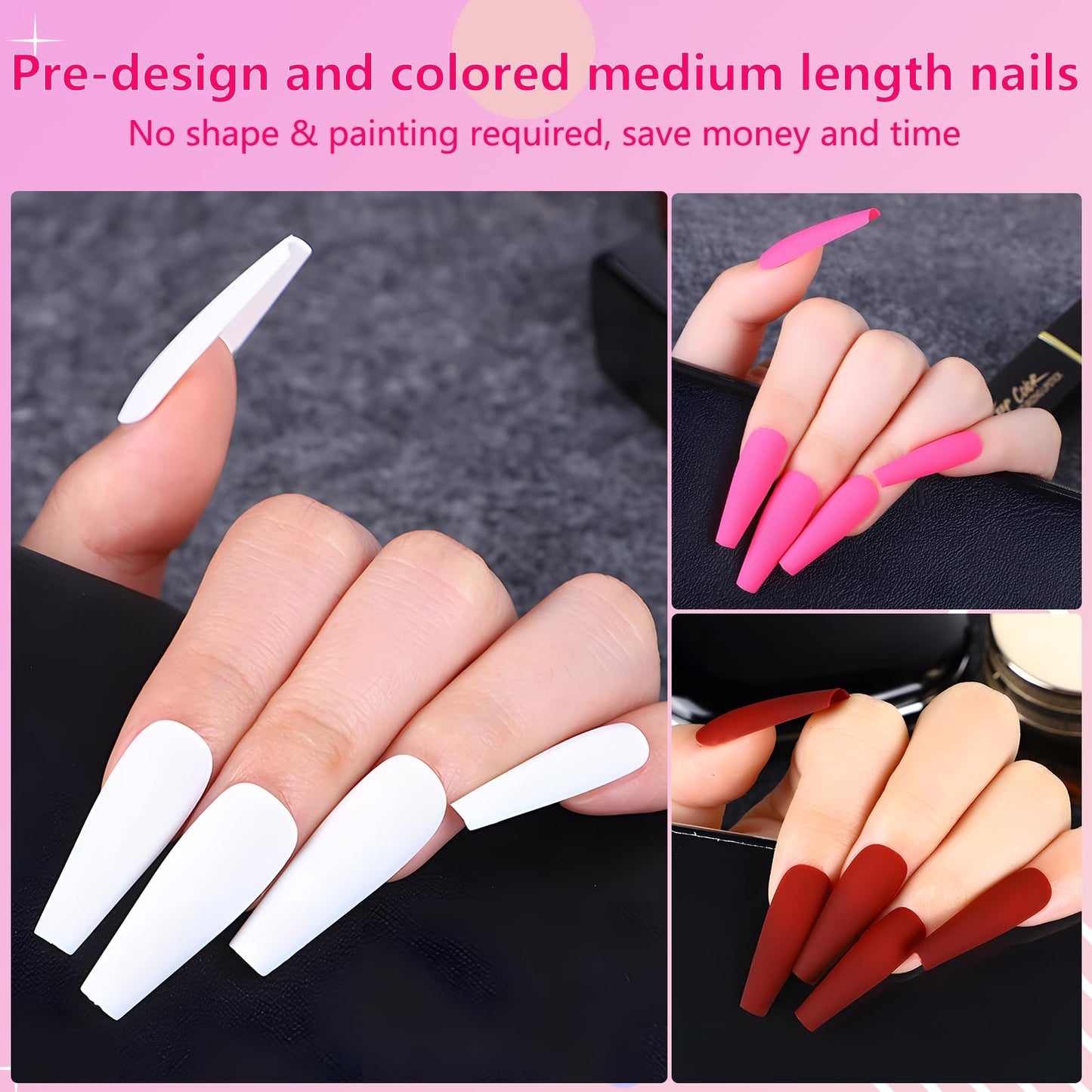 AddFavor 400pcs Long Press on Nails Coffin Matte Fake Nails Full Cover Ballerina Medium Length Acrylic Artificial False Nail Tips 20 Solid Colored Coffin Nails for Women DIY Nail