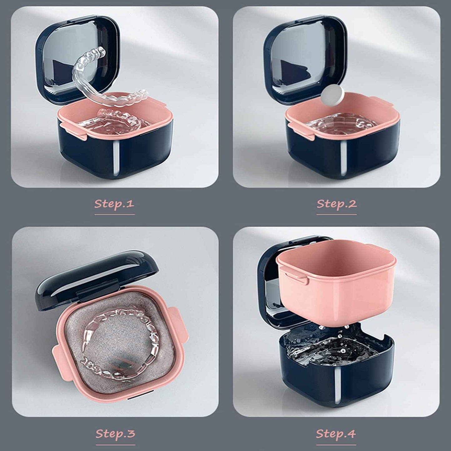 whoobell Denture Cup，Retainer Case,Cute Night Mouth Guard Box Holder, Storage Soak Container with Strainer basket for Travel Cleaning (Blue)