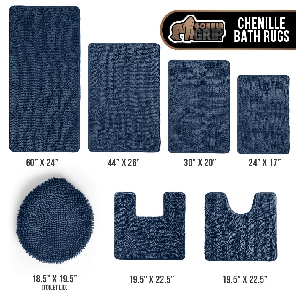 Gorilla Grip Plush Absorbent Shaggy Chenille Bath Rug Mat for Toilet Base with Rubber Backing, Machine Washable, Microfiber Bathroom Contour Mats for Toilets, Bath Room Decor, Square, 22.5x19.5, Navy