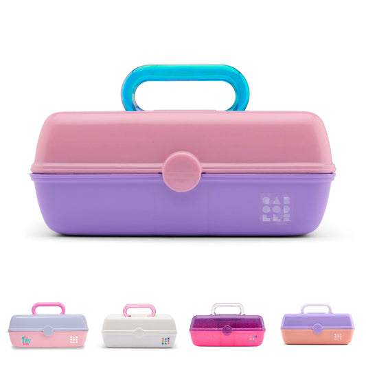 Caboodles Pretty in Petite Makeup Box, Two-Tone Pink on Lavender, Hard Plastic Organizer Box, 2 Swivel Trays, Fashion Mirror, Secure Latch for Safe Travel