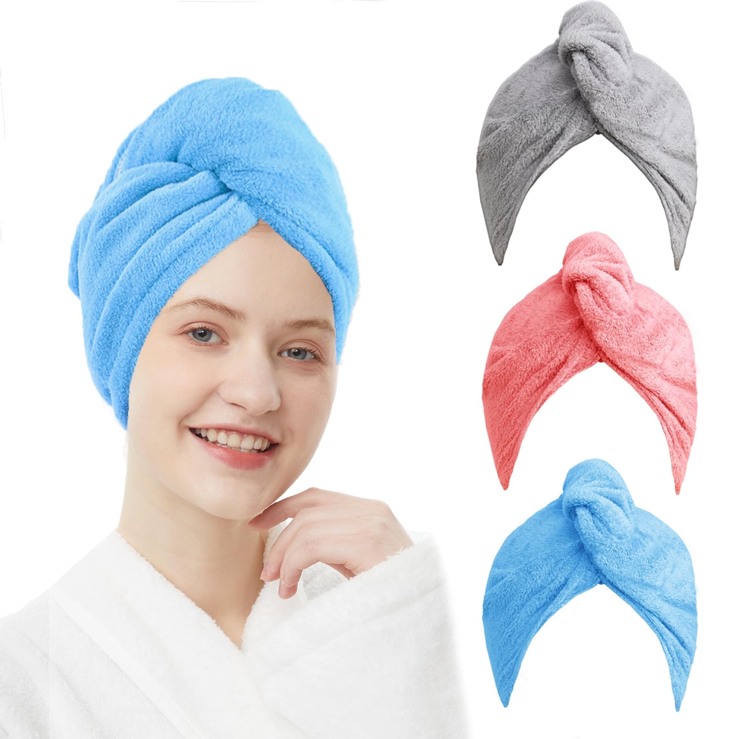 ELLEWIN Microfiber Hair Towel Wrap for Women 3 Pack,Hair Drying Turban with Button,Anti Frizz,Super Absorbent Quick Dry Hair Towels for Long Thick Short Hair