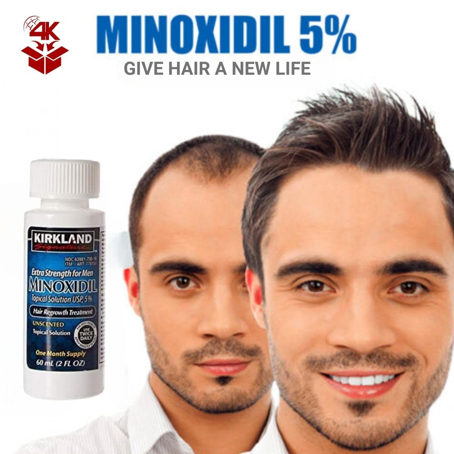 Minoxidil Liquid Extra Strength Hair Regrowth Treatment for Men, 5% Topical Solution, 6 Months Supply - Dropper Applicator, Comb and Microfibor cloth Included - by 4K Logistics