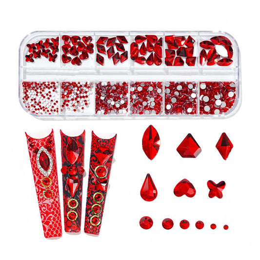 QEZEZA Nail Art Rhinestones Kit, Rhinestone Nail Face Gems, Nail Art Ab Flatback Rhinestones Gems Stones with Storage Organizer Box, (1.5mm - 10mm) 1000PCS 12 Sizes - Red