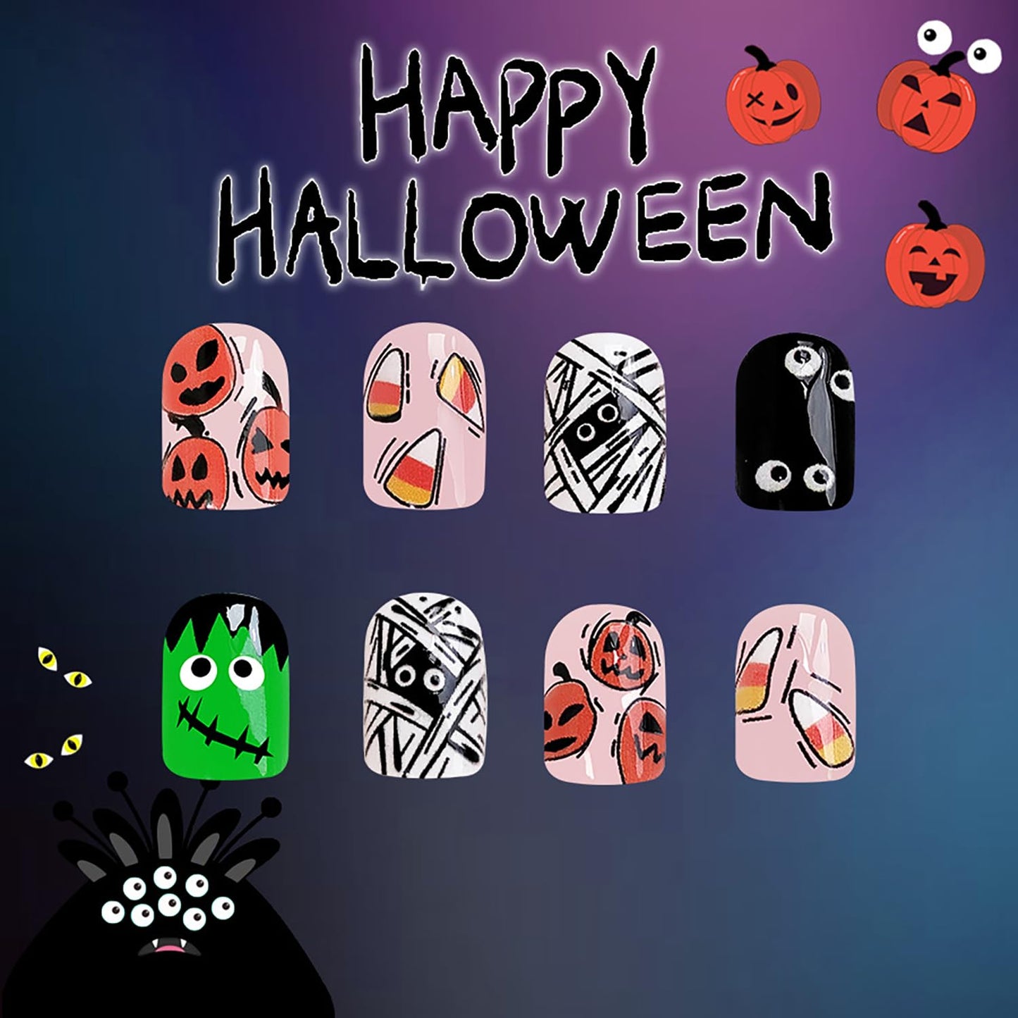 Halloween Press on Nails Short Square Petite Fake Nails Full Cover Little Monster False Nails with Pumpkin Mummy Designs Cute Acrylic Nails Glossy Glue on Nails Artificial Nails for Women Girls 24Pcs