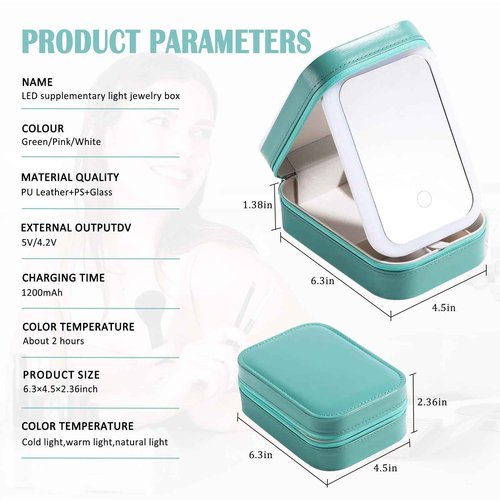 Dannir Travel Makeup Case with LED Mirror, Makeup Bag with Lighted Mirror, Cosmetic Storage Box, Christmas Portable Organizer Vanity Case for Women, Beauty Tool Accessories Rechargeable, Green