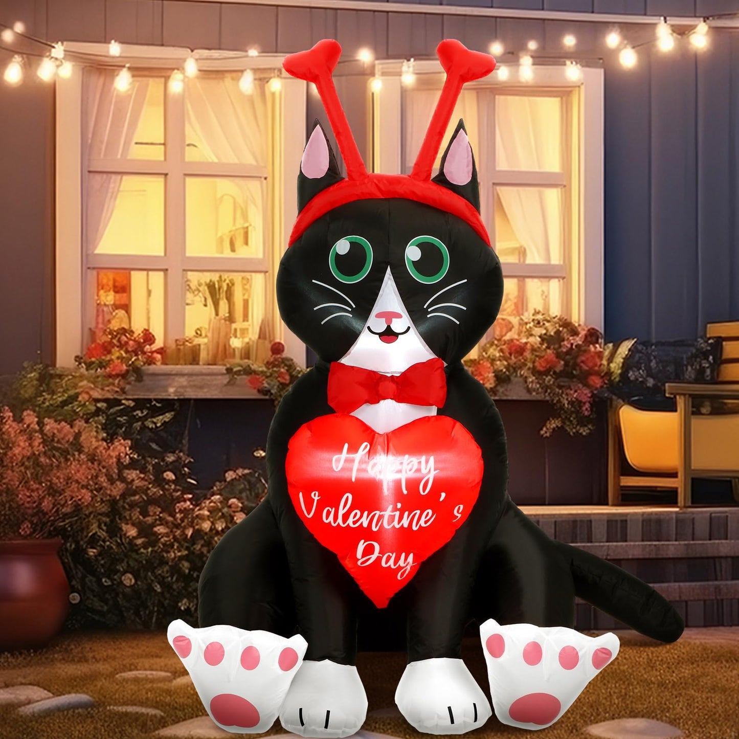 Leyndo 5 ft Height Cat Valentine's Day Inflatables with Built in LED Lights Cat with Hearts Blow up Valentine's Day Decoration Inflatable Outdoor Holiday Yard Decorations for Garden Party