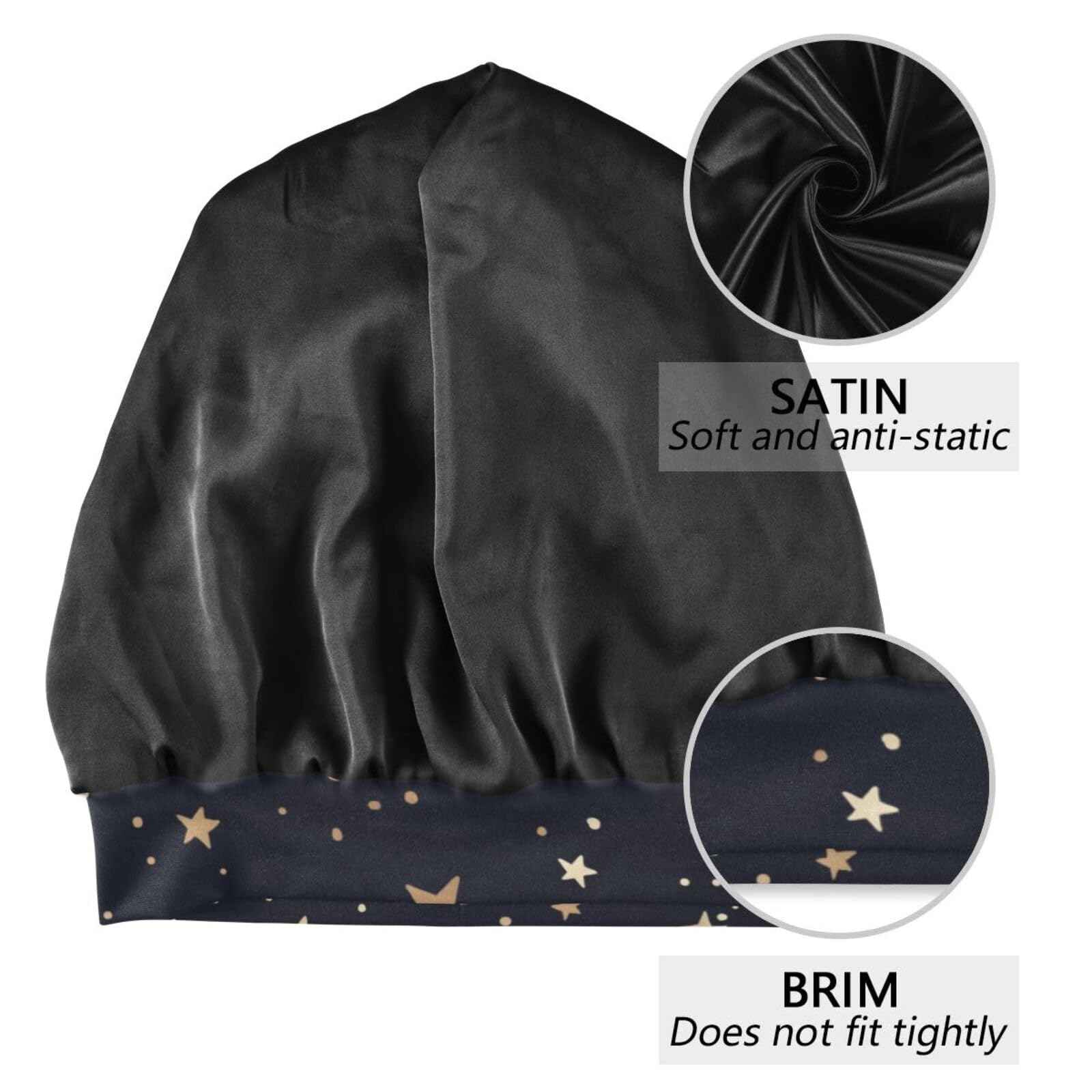Satin Bonnet Hair Wrap for Sleeping Lined Beanie Sleep Cap for Curly Hair Women Men Gold Stars