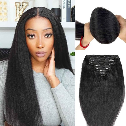 AIKAUR Yaki Straight Real Remy Human Hair Clip ins Black Hair Extensions 20 inch Double Weft for African American Black Women,YK 8pcs/set 120g/set