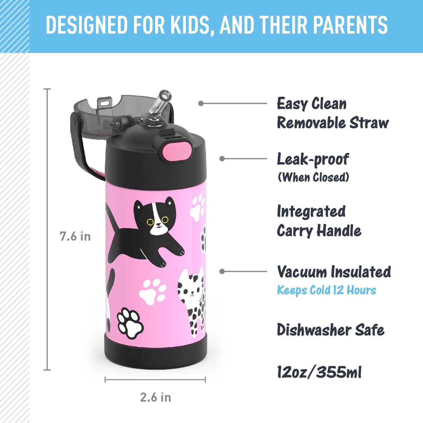 THERMOS FUNTAINER Water Bottle with Straw - 12 Ounce, Kittens - Kids Stainless Steel Vacuum Insulated Water Bottle with Lid