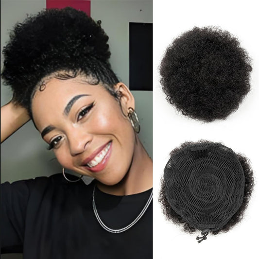 Boymia Afro Puff Drawstring Ponytail Human Hair #1 Jet Black 6 Inch Kinky Curly Bun Hair Genuine Human Hair Short Kinky Bun for Natural Hair Clip On Kinky Drawstring Curly Ponytail Bun