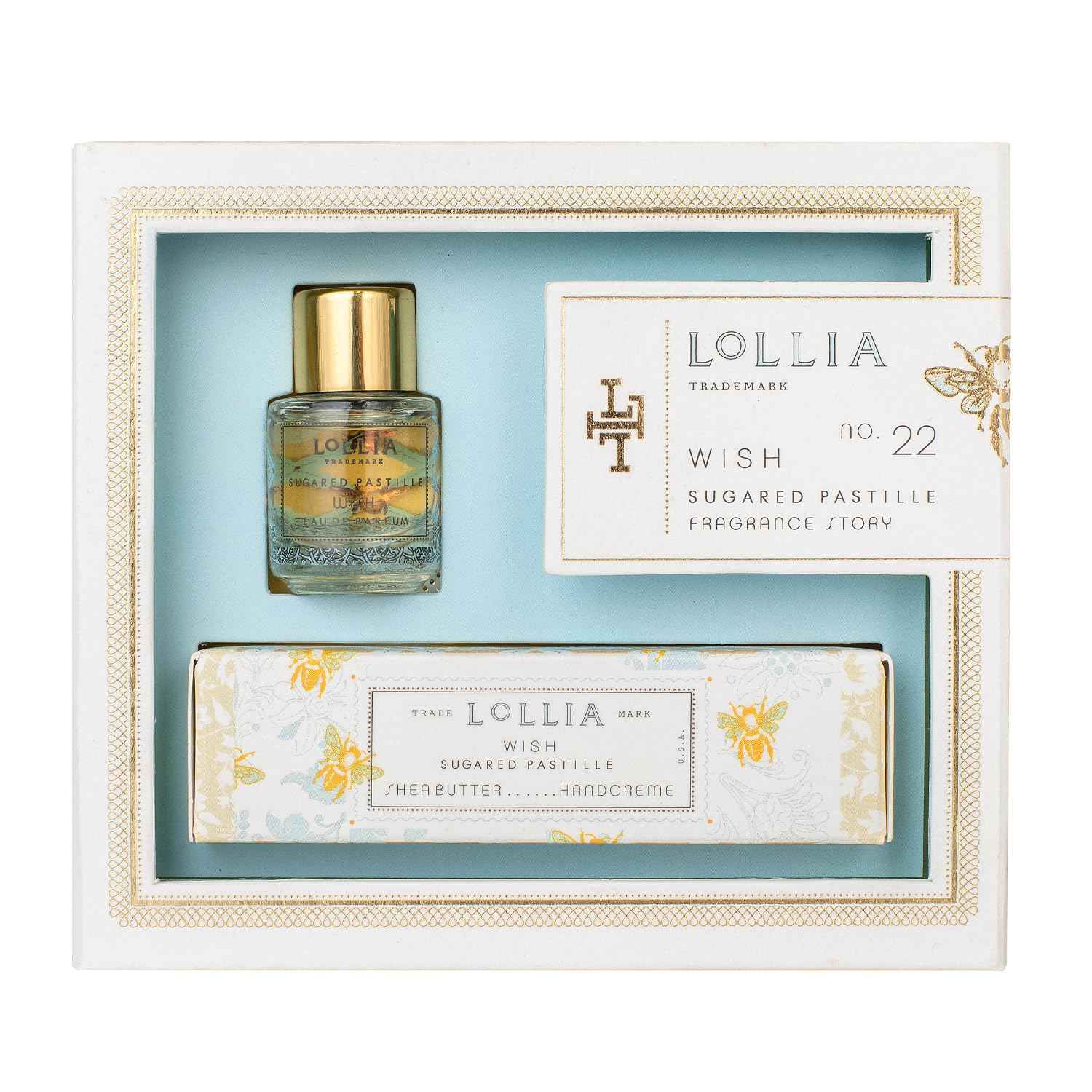 LOLLIA Wish Fragrance Story Gift Set – .16 fl. oz. Eau de Parfum & .33 oz. Petite Treat Handcreme - Sugared Pastille – Shea Butter Hand Cream for Women, Travel Size Perfume, Hand Lotion for Dry Hands
