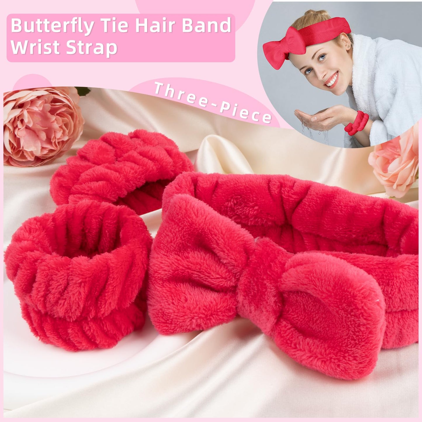 BLAAROOM 3PCS Bow Face Wash Headband and Wristband Set,Soft & Absorbent Spa Headband for Women Makeup Skincare Washing Face - Red