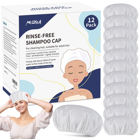 2024 Shampoo Caps No Rinse, Portable Rinse Free Shower Cap that Shampoos for Home, Nursing Home, Outdoor Travel, Surgery, Hospitalization, Mobility Impaired and Seniors (12 Pack)