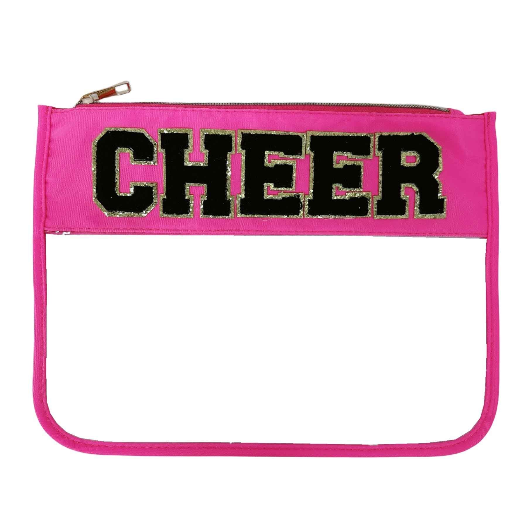 Dealkion Cheer Bag Cheerleader Gifts Accessories Clear Chenille Letter Patch Cheer Makeup Bag Stuff Case Toiletry Zipper Pouch for Women Girls