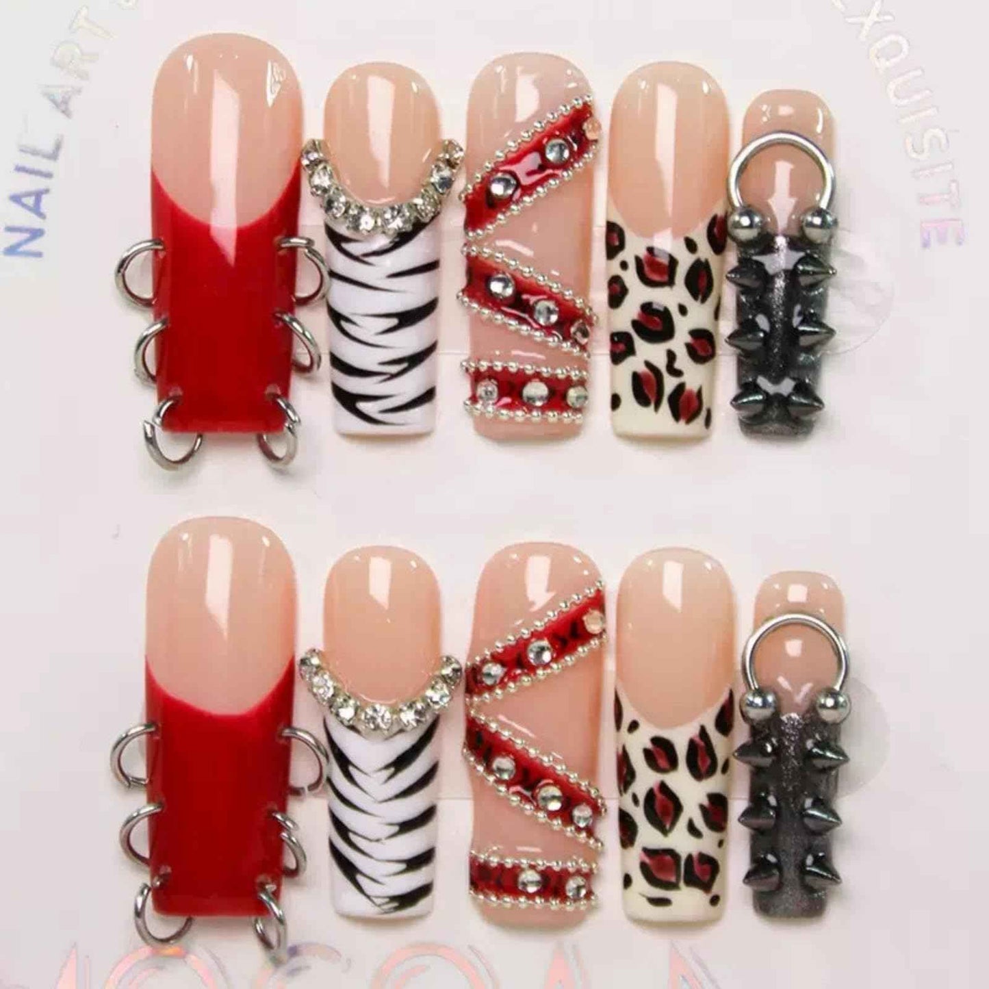 100% 5D Handmade Press on Nails with Charms Long Square Nails Press ons- Red French Tips False Nails Rhinestone Brown Leopard Fall Press on Nails for Women Girls Daily Wear DIY Manicure Size M