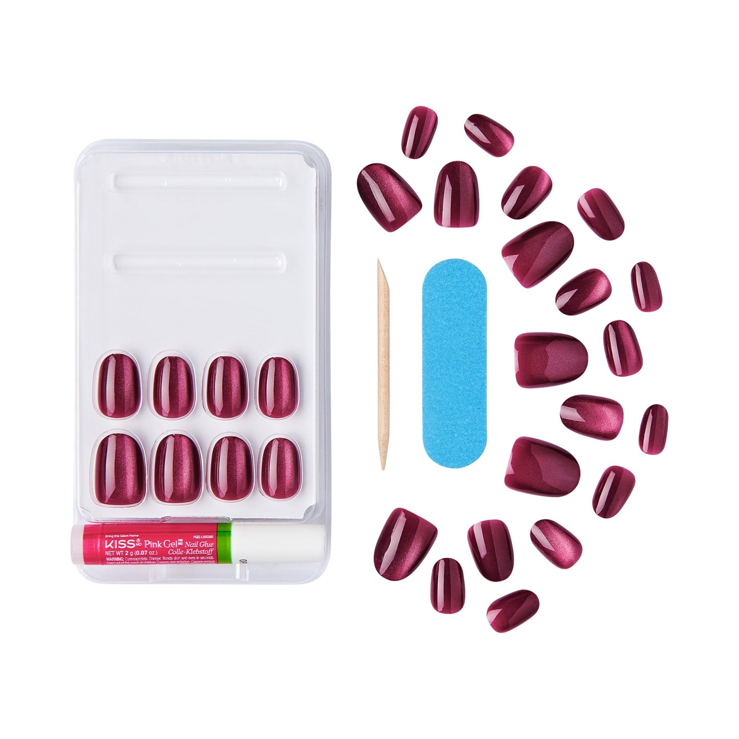 KISS Gel Fantasy, Press-On Nails, Nail glue included, 'Set Us Free', Red, Short Size, Oval Shape, Includes 28 Nails, 2g glue, 1 Manicure Stick, 1 Mini File