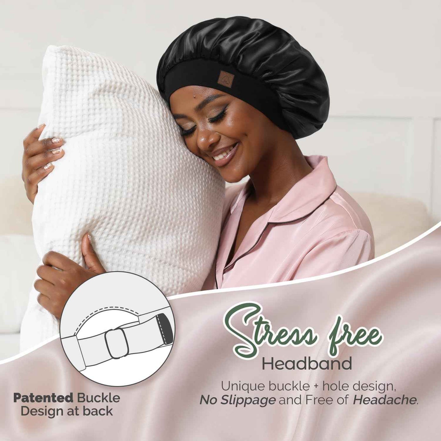 Hat Hut Satin Bonnet Silk Bonnet Sleep Cap for Women Hair Bonnet for Curly Natural Hair Sleeping Adjustable Wide Band Double Layer (Black)