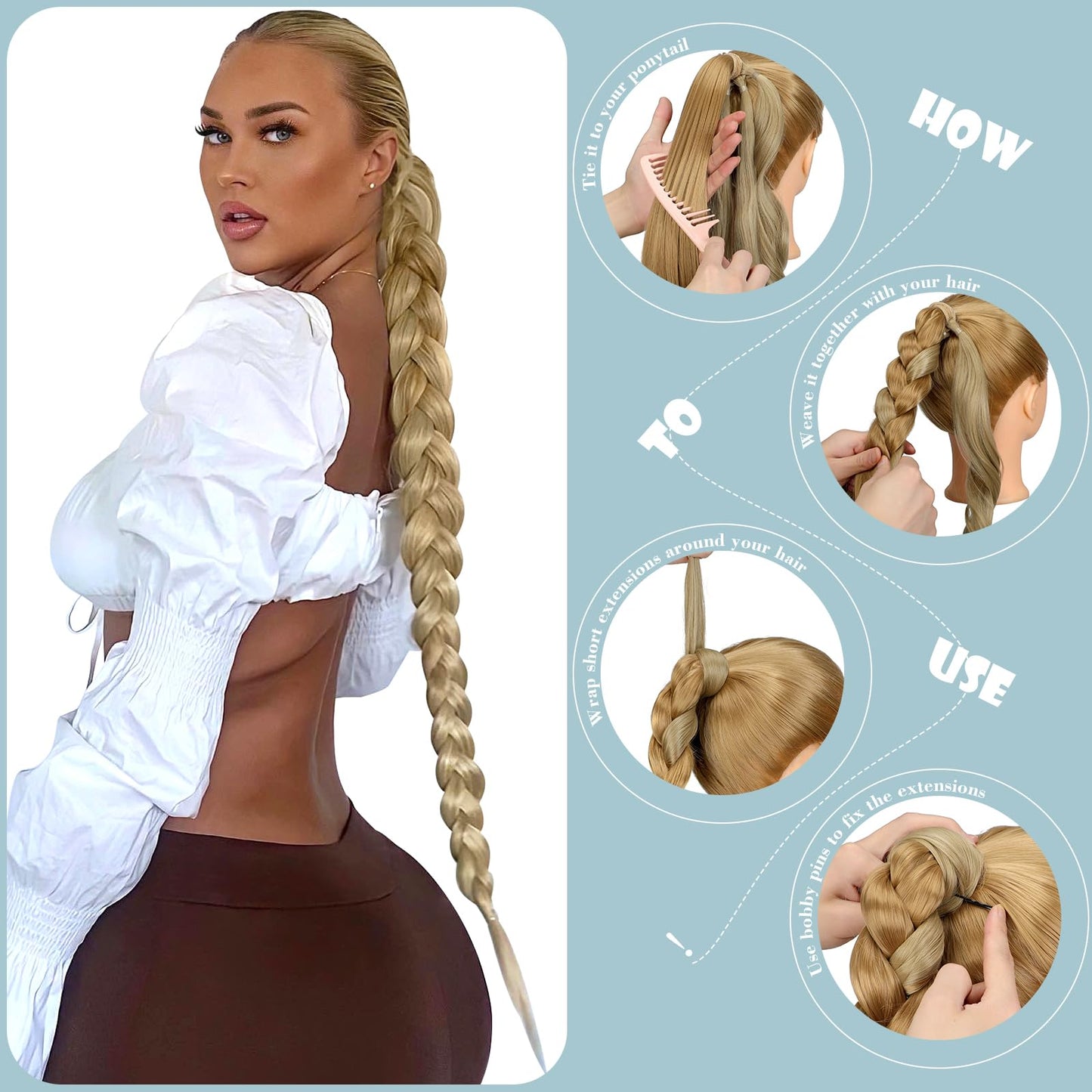 FELENDY Braided Ponytail Extension Long Straight Wrap Around Braid Pony tails Hair Natural Cute Fishtail Hairpiece for Women 26 inch,Ash Blonde