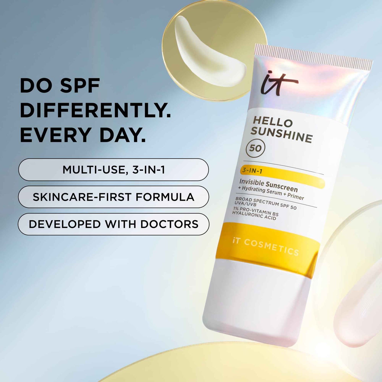 IT Cosmetics Hello Sunshine Invisible Sunscreen for Face SPF 50 - Sunscreen, Hydrating Serum & Makeup Primer - 1% Pro-Vitamin B5 & Hyaluronic Acid - HSA/FSA Eligible - No White Cast - 1.69 fl oz