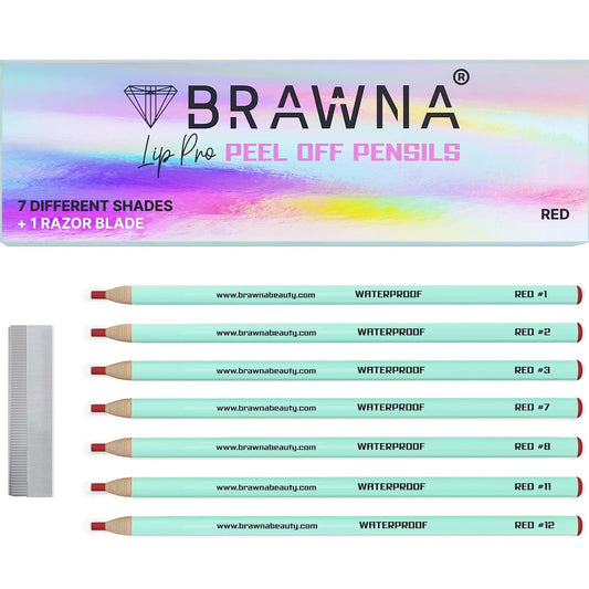 BRAWNA 7 Lip Pro Pencils for Lip Blushing, Brow Mapping, MIcroblading - PMU Pencil with Eyebrow Razor Blade - PMU Supplies - Red