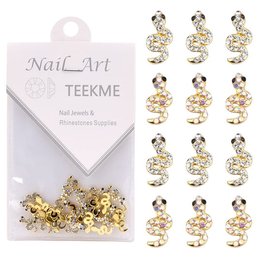 30pcs Gold Nail Rhinestones and Charms Snake Design Metal Nail Art Crystal Jewels Decor Studs Mix Colors