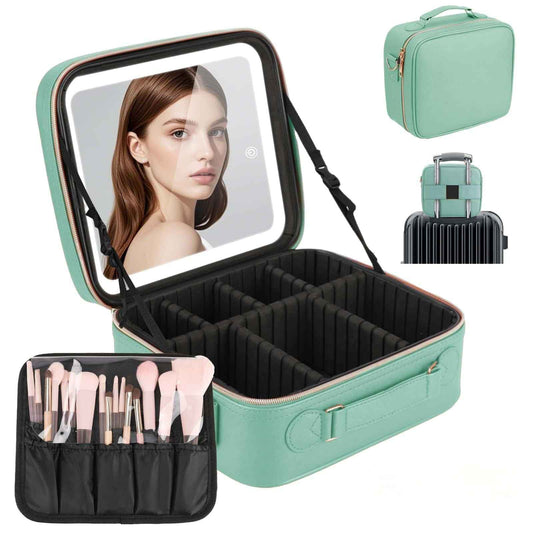 Emdelifo Travel Makeup Bag with LED Mirror, Cosmetic Bags for Women with Light up Mirror, Travel Essentials Makeup Organizer, Makeup Case with Adjustable Dividers and Brush Holder, 3 Color Lights