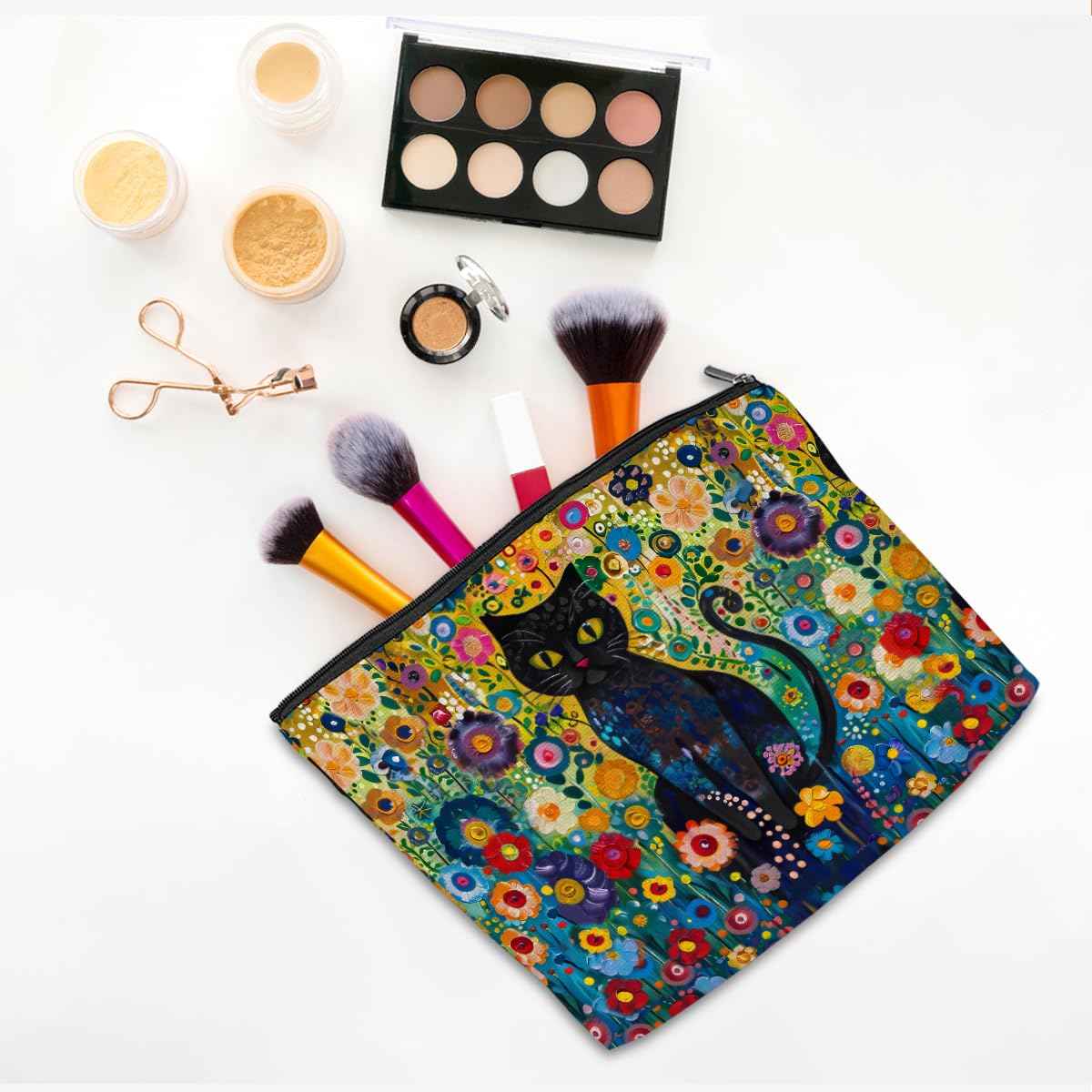 Floral Garden Cat Makeup Bag Cat Lover Gifts Cosmetic Bag Cat Gifts Cat Themed Gifts for Women Girls Daughter Friends Niece Aunt Travel Toiletry Bag Cat Mom Gifts Christmas Birthday Gifts