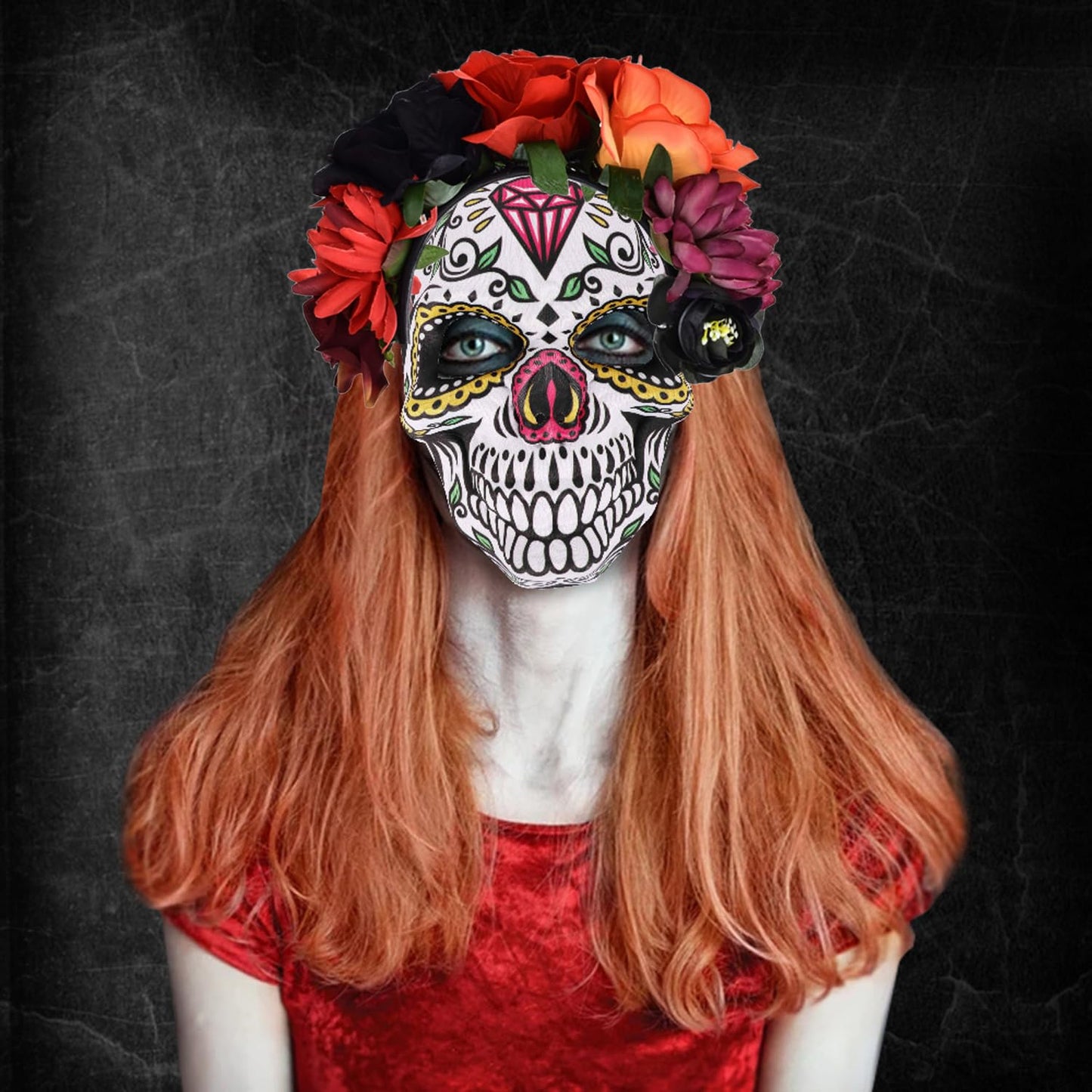 June Bloomy Day of the Dead Headpiece Halloween Costume Headpiece Mexican Floral Crown Rose Headband (Black Red Orange)